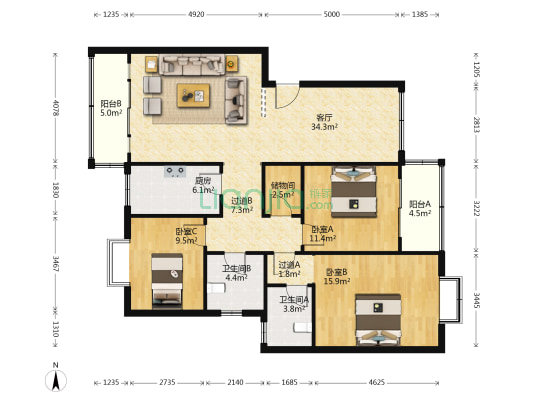 雍雅园 3室1厅2卫 121平方