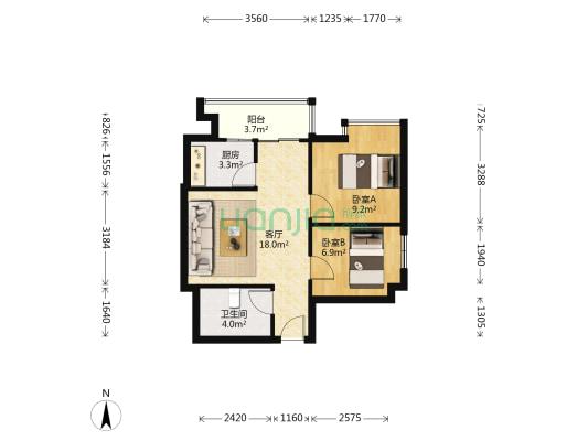 农林华府 2室1厅1卫 62平方