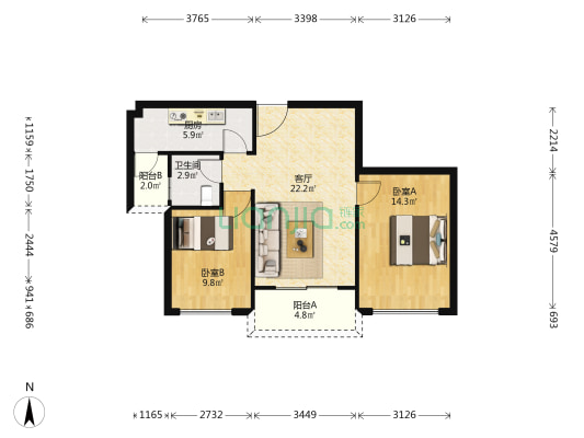 平深朗豪轩 2室1厅1卫 75平方
