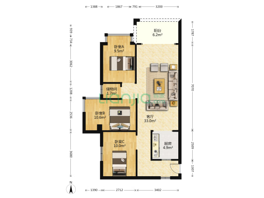 香槟公馆 3室1厅0卫 62平方