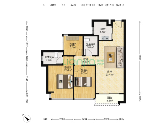 远洋新天地家园  3室1厅2卫 90平方
