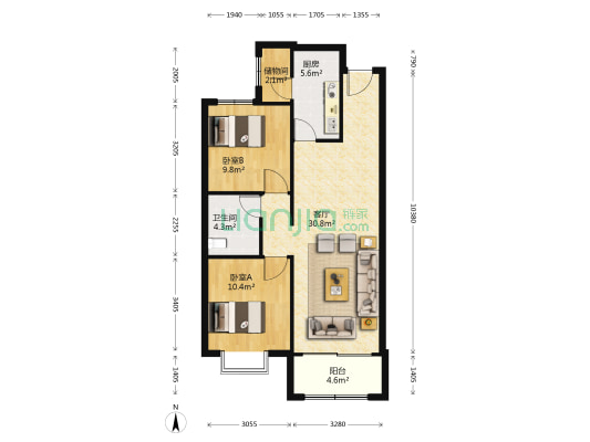 恒大江湾 2室1厅1卫 100平方