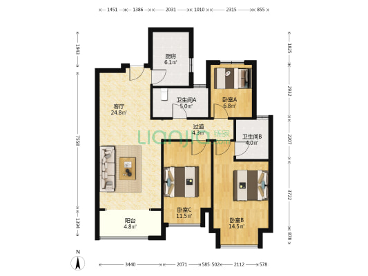 雅居乐天域 3室1厅2卫 110平方