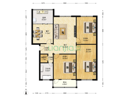 绿茵公寓 3室2厅1卫 136平方