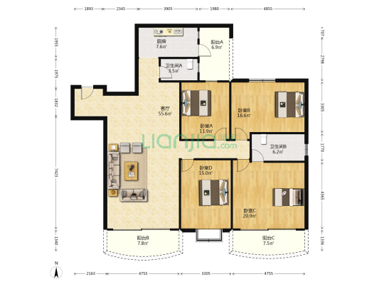 朝南大厦 4室1厅2卫 186平方