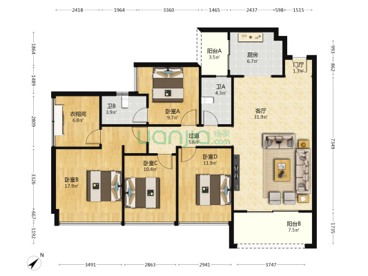 君御海城东区 4室1厅2卫 143平方