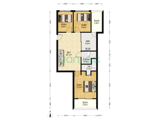 金城花园 3室1厅2卫 83平方