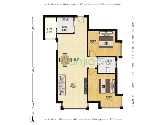 恒隆明珠 2室1厅1卫 93平方