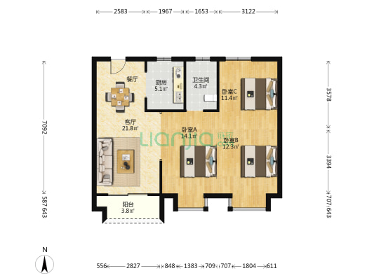 沐成花园 3室1厅1卫 90平方