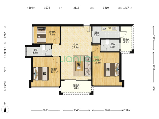 华朝华府 3室1厅2卫 97平方