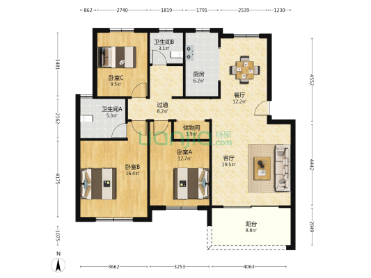 云松华庭 3室2厅2卫 122平方