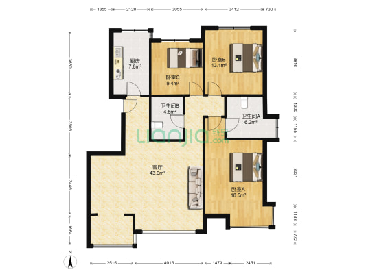 蓝河湾 3室1厅2卫 130平方