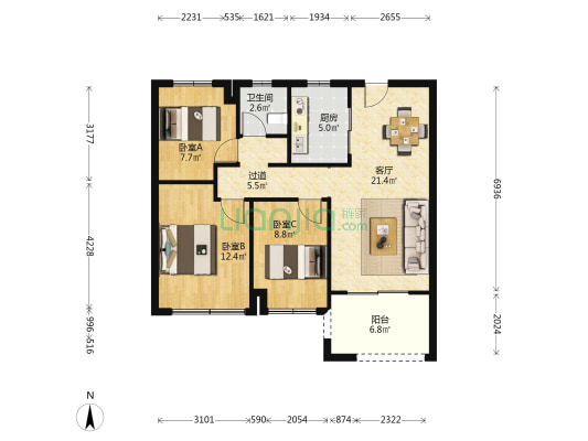 雅居乐汇港城 3室1厅1卫 90平方