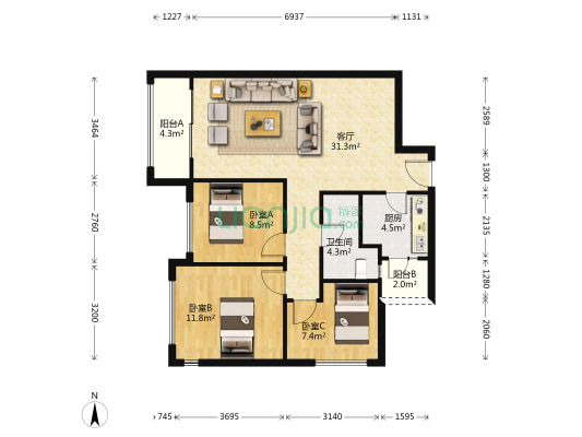 格林城 3室1厅1卫 90平方