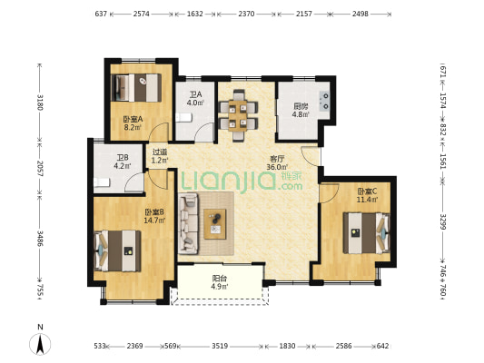 融信空港澜天 3室1厅2卫 110平方