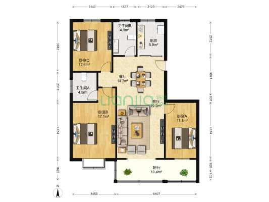 浦欣小区 3室2厅2卫 116平方