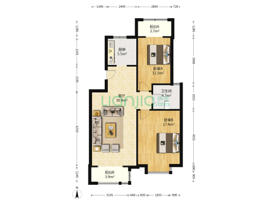 茗锦花园 2室1厅1卫 94平方