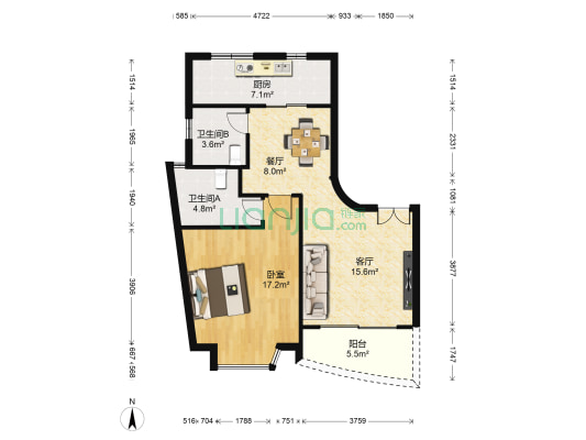 爱建园 1室2厅2卫 81平方