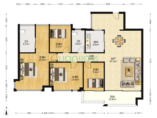 长信银湾2区 4室1厅2卫 153平方
