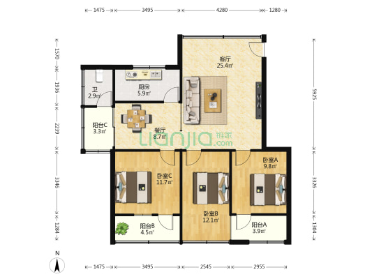 海关基地宿舍 3室2厅1卫 84平方