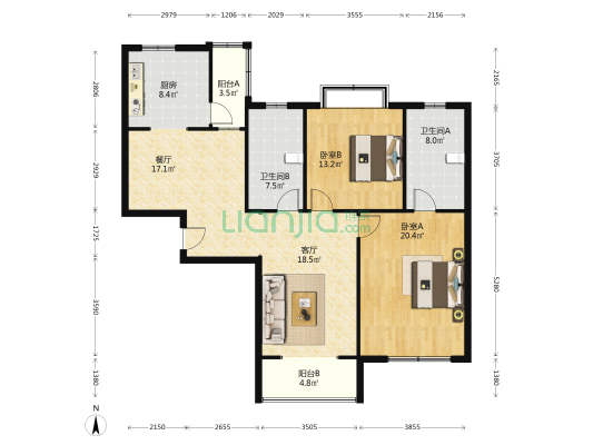 金竹花园 2室1厅 南 北-户型图