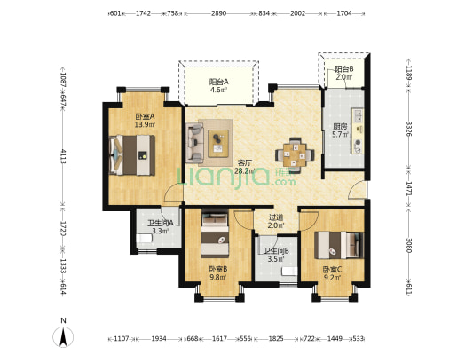 光明国际 3室1厅2卫 104平方