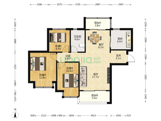 恒大翡翠华庭 3室2厅1卫 111平方