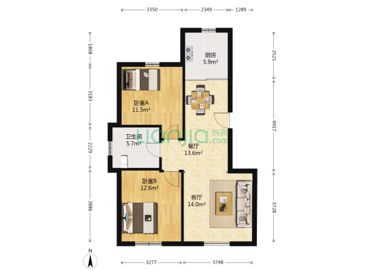 中海兰庭 2室2厅1卫 92平方
