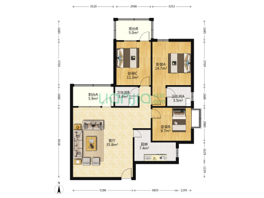 永发大厦(花都) 3室1厅2卫 131平方