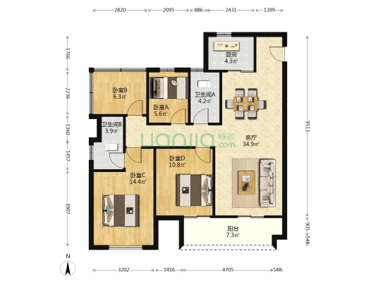 中海阳光玫瑰园 4室1厅2卫 118平方