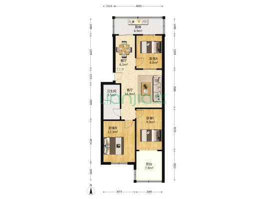 山西省体育局宿舍 3室2厅1卫 85平方