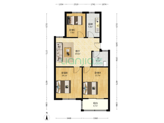 梁岗社区 3室1厅1卫 85平方