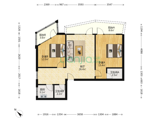 二轻公寓 2室1厅2卫 86平方