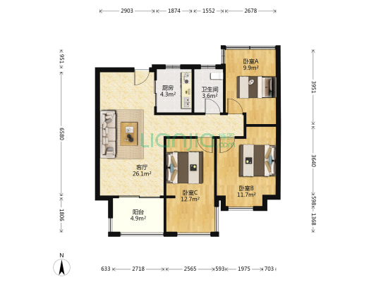 文一锦门学府里 3室1厅1卫 96平方