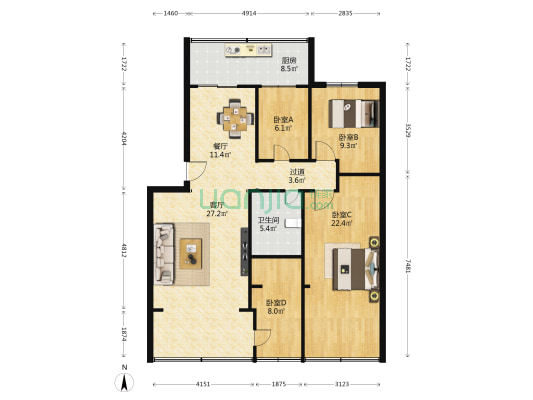 荣达小区 4室2厅1卫 120平方