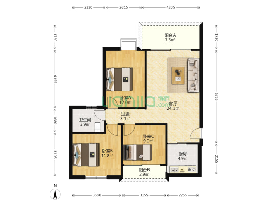 美力盈彩花苑 3室1厅1卫 95平方