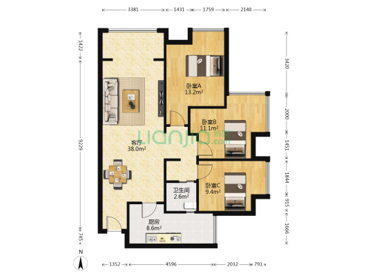 央湖名邸一期 3室1厅1卫 96平方
