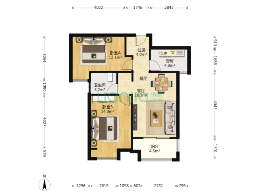 正弘数码港熙园 2室1厅1卫 88平方