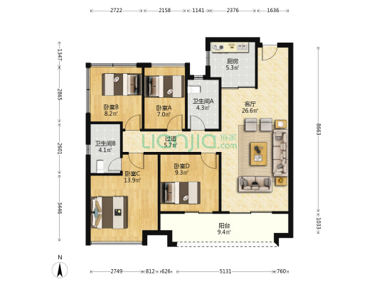 美的旭辉天地(二手) 4室1厅2卫 118平方