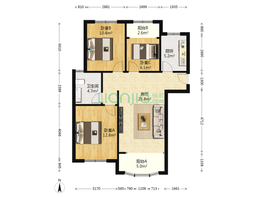 中盛星河湾 3室1厅1卫 109平方
