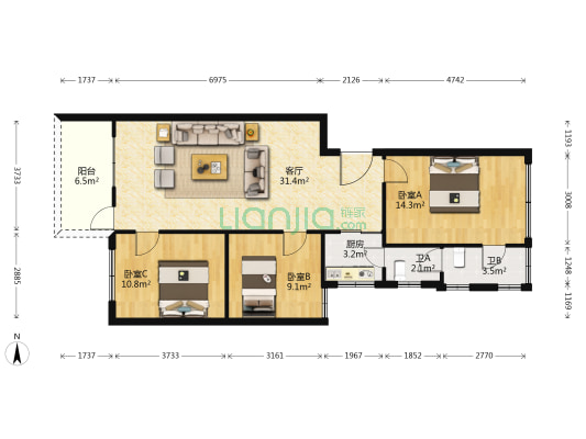 合和大厦 3室1厅2卫 90平方