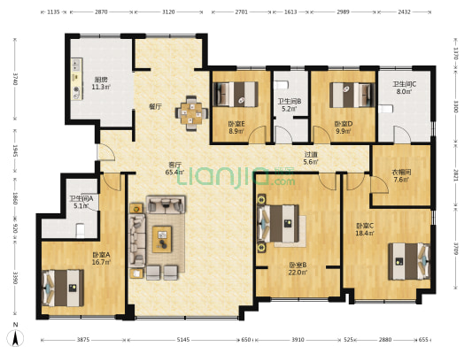 高新绿城玉兰花园玉园 5室1厅3卫 225平方