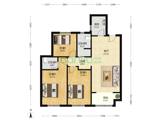 中梁·拾光漫城 3室1厅2卫 107平方