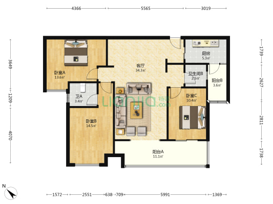 鑫苑雅舍 3室1厅2卫 115平方