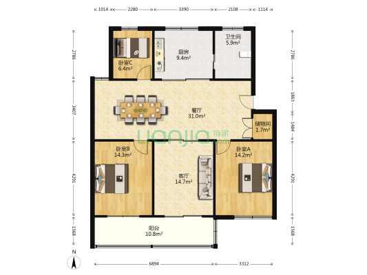 御龙街 3室2厅1卫 126平方