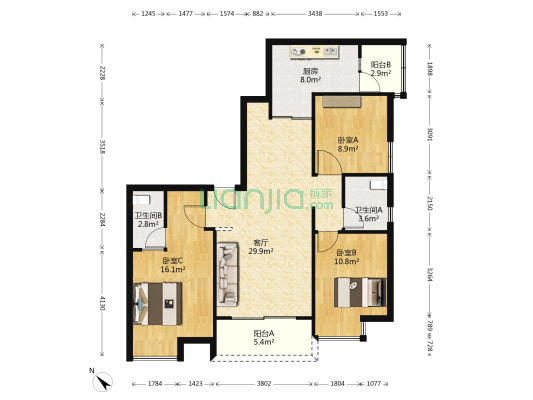 江枫雅筑 3室1厅2卫 108平方