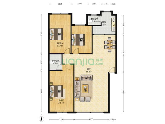 湾塘二巷2号 3室1厅2卫 133平方