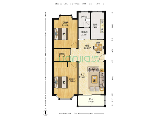 欣德花苑 2室2厅2卫 103平方
