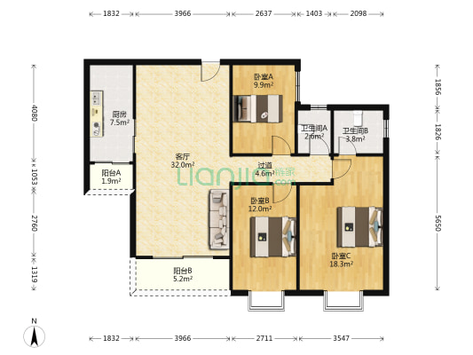 海日名苑 3室1厅2卫 109平方