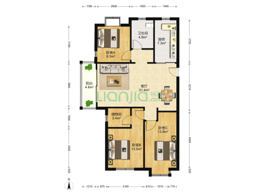 康大观邸 3室1厅1卫 124平方